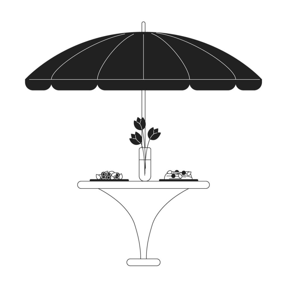 Umbrella patio dining table dinner served black and white 2D cartoon object. Outdoor restaurant furniture isolated vector outline item. Parasol table with meal monochromatic flat spot illustration