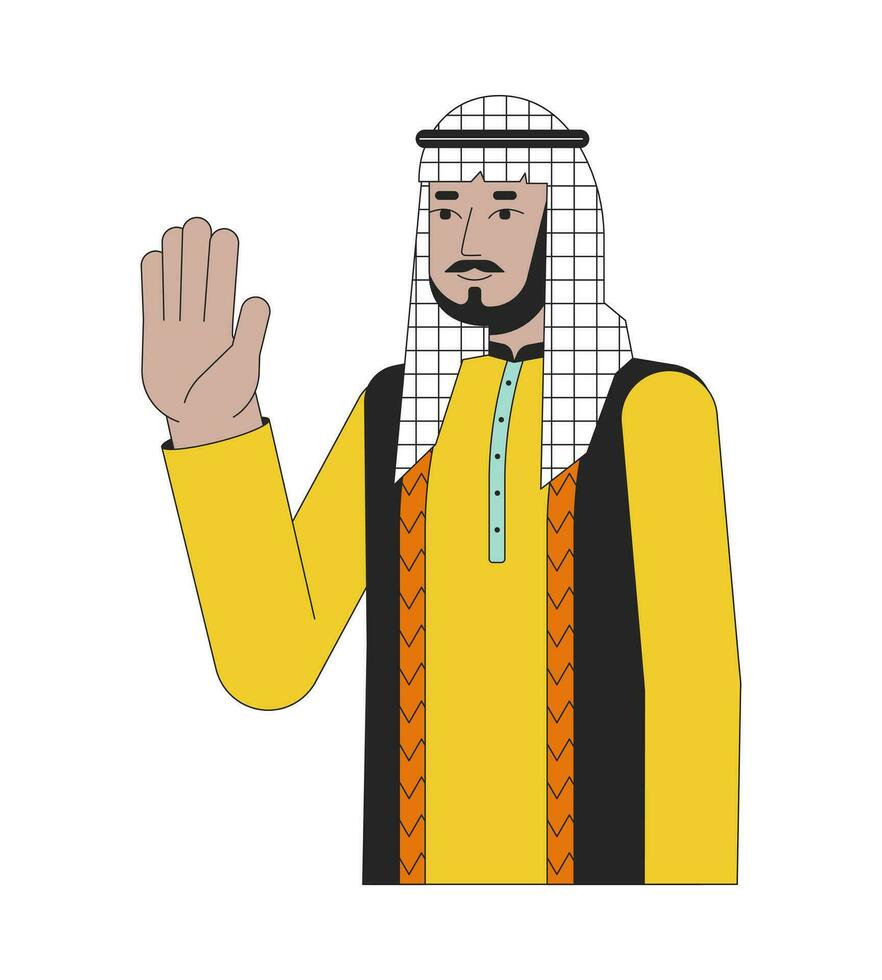 Saudi arabian man waving happy 2D linear cartoon character. Saying hello isolated line vector person white background. Middle eastern male wearing chequered headgear color flat spot illustration