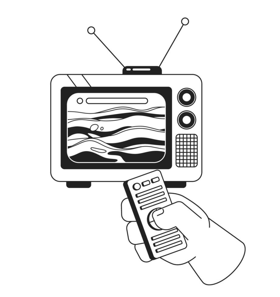Ocean waves on retro tv screen black and white 2D illustration concept. Changing channel isolated cartoon outline character hand. Surreal dreamy seascape television metaphor monochrome vector art