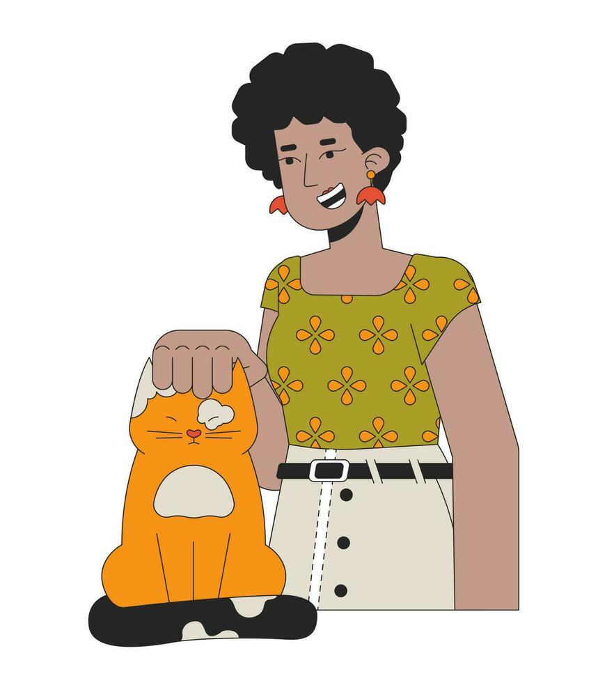 Afro hair woman stroking cat head 2D linear cartoon character. African american lady adopting kitten isolated line vector person white background. Pet lover female color flat spot illustration
