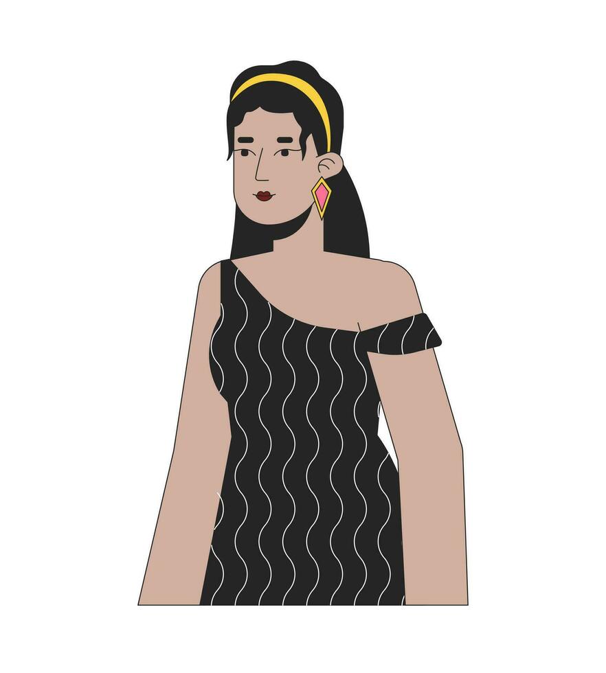 hermoso Hispano dama en 70s inspirado ropa 2d lineal dibujos animados personaje. elegante latina mujer posando aislado línea vector persona blanco antecedentes. relajado en pie color plano Mancha ilustración