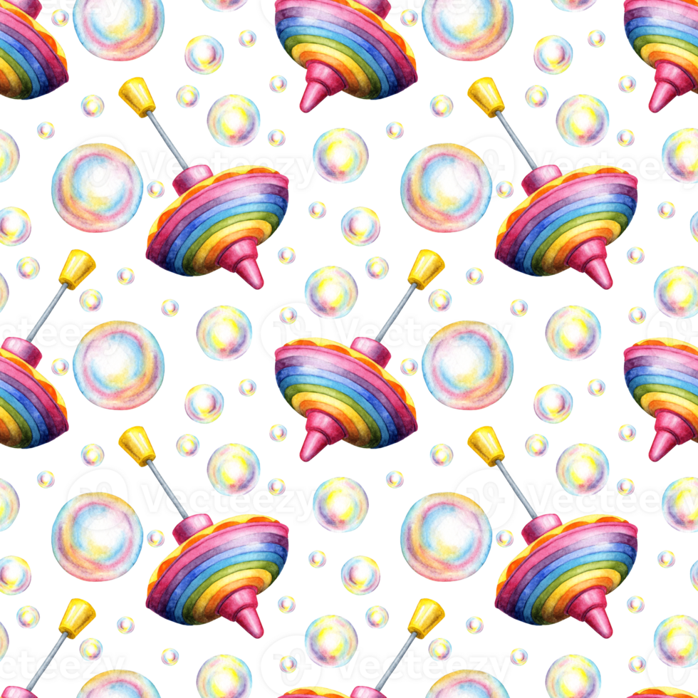 Watercolor illustration pattern of colorful toy with spinning top for babies and soap bubbles, small children. Clip art for fabric textile baby clothes, wallpaper, wrapping paper, packaging, isolated png