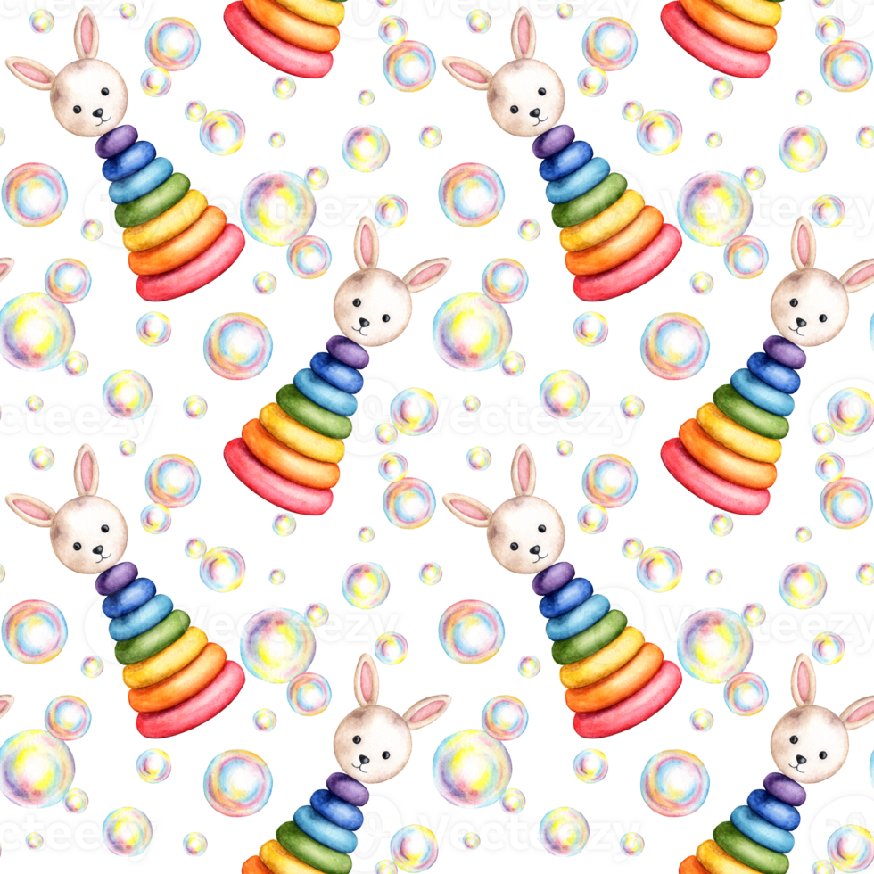 Watercolor illustration pattern of children's pyramid and soap bubbles, for boys or girls, little children. Clip art for fabric textile baby clothes, wallpaper, wrapping paper, packaging, isolated png