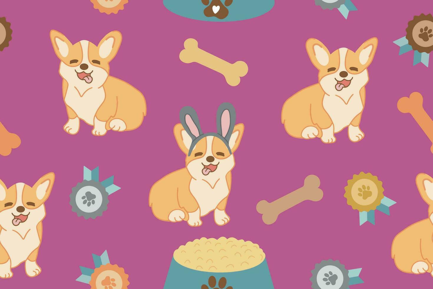 Seamless pattern with cartoon Corgi dog pattern and medals. Vector illustration on a pink background.