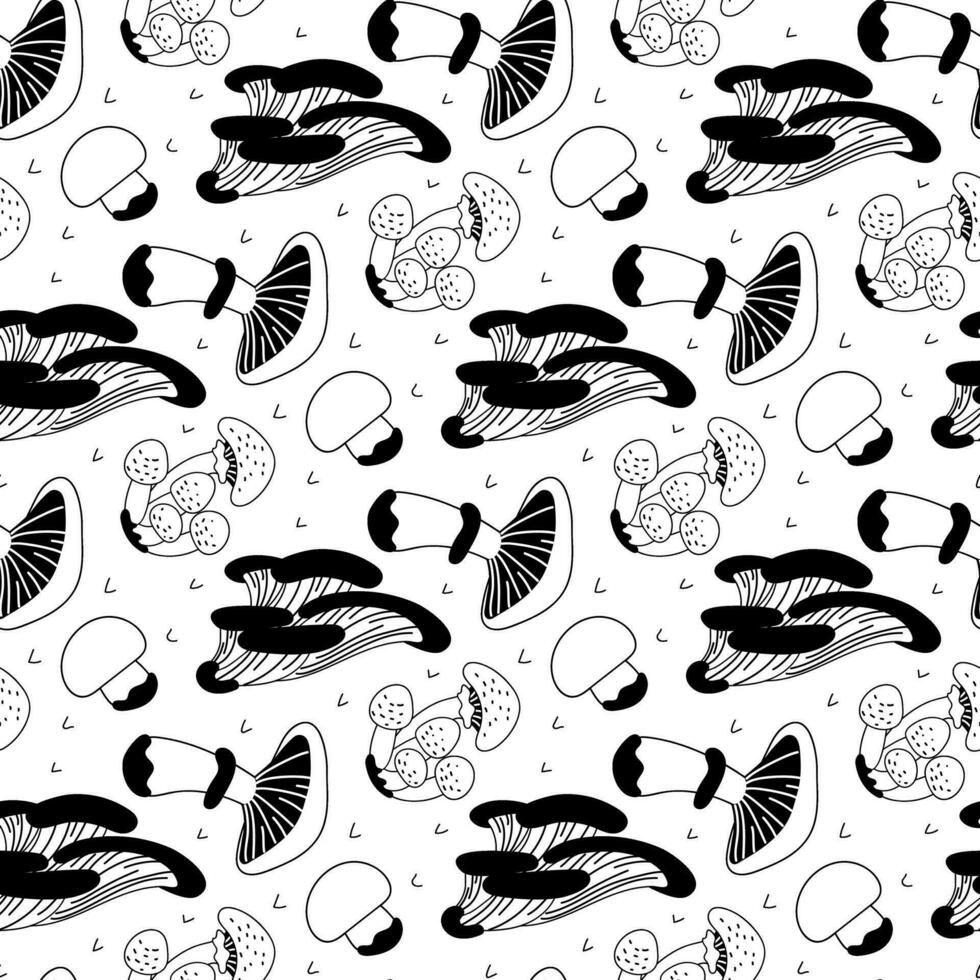 Vector linear seamless pattern with mushrooms and decor. A hand-drawn texture with small and large mushrooms highlighted on a white background. Botanical illustration of natural elements. forest
