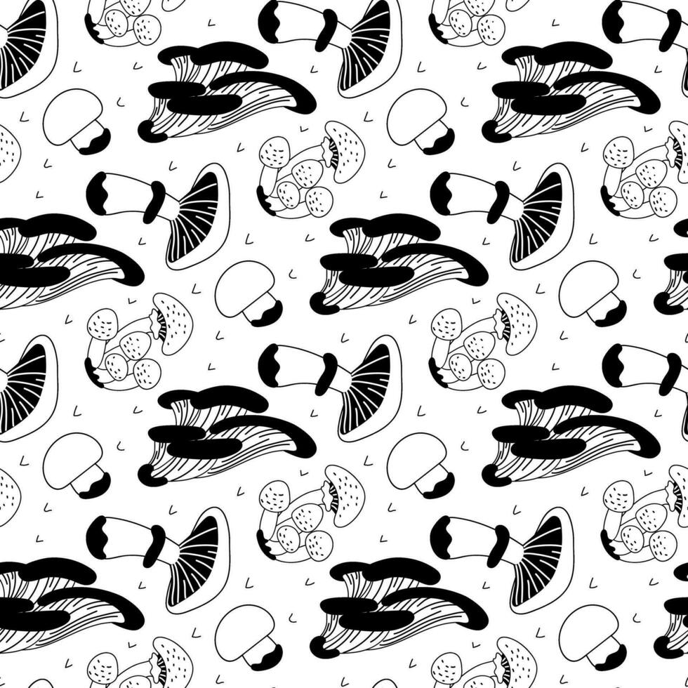 Vector linear seamless pattern with mushrooms and decor. A hand-drawn texture with small and large mushrooms highlighted on a white background. Botanical illustration of natural elements. forest