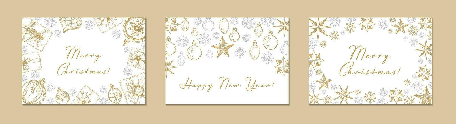 Set of Merry Christmas and Happy New Year horizontal greeting card with hand drawn golden five pointed stars and gift boxes. Vector illustration in sketch style. Festive background