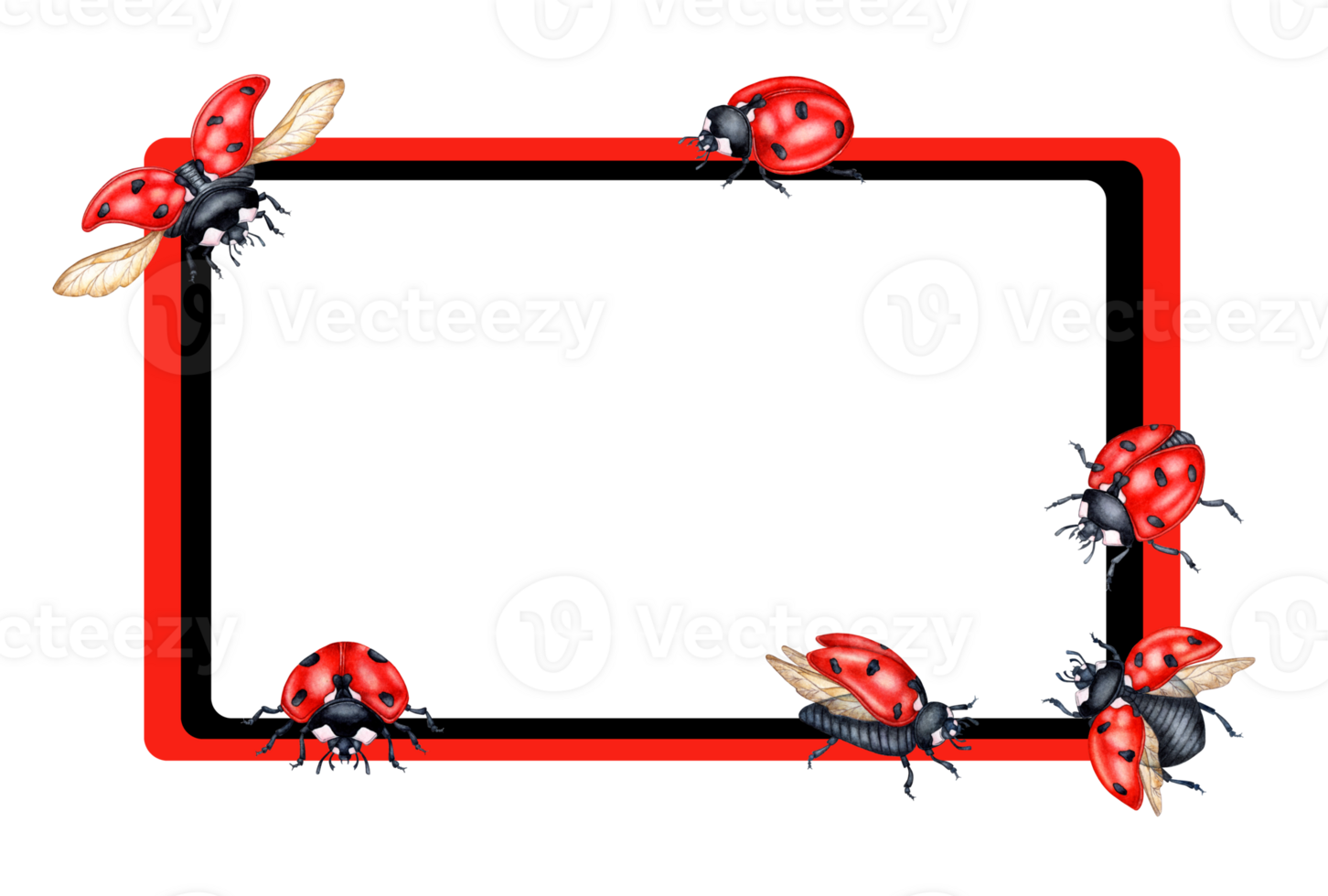 Watercolor illustration rectangular frame with red ladybugs and empty space. Compositions for posters, cards, banners, flyers, covers, playbills and other printed products. isolated png