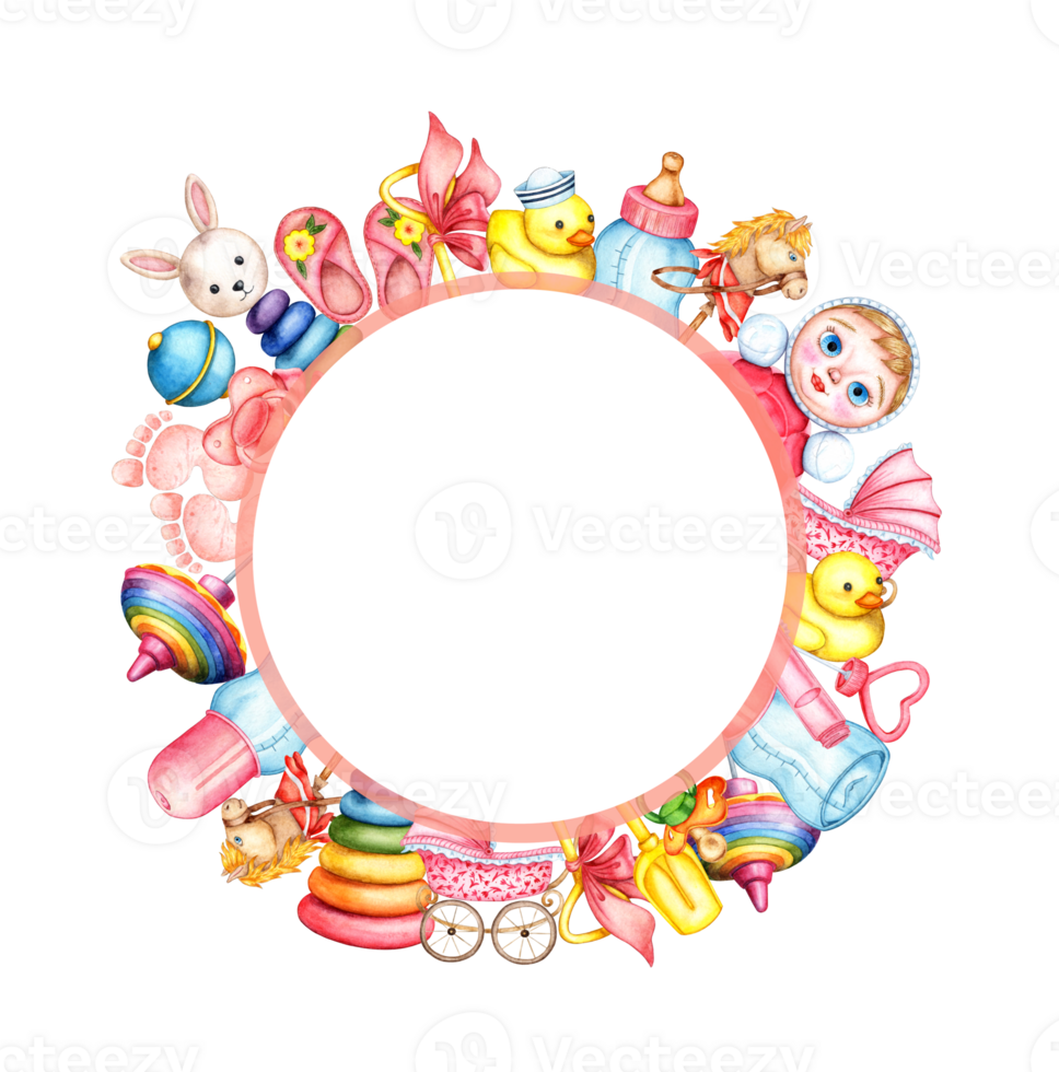 Watercolor illustration of a pink round frame made of children's toys. Pictures for fabric textile children's clothing, wallpaper, wrapping paper, packaging, design, invitation, card, sticker. png