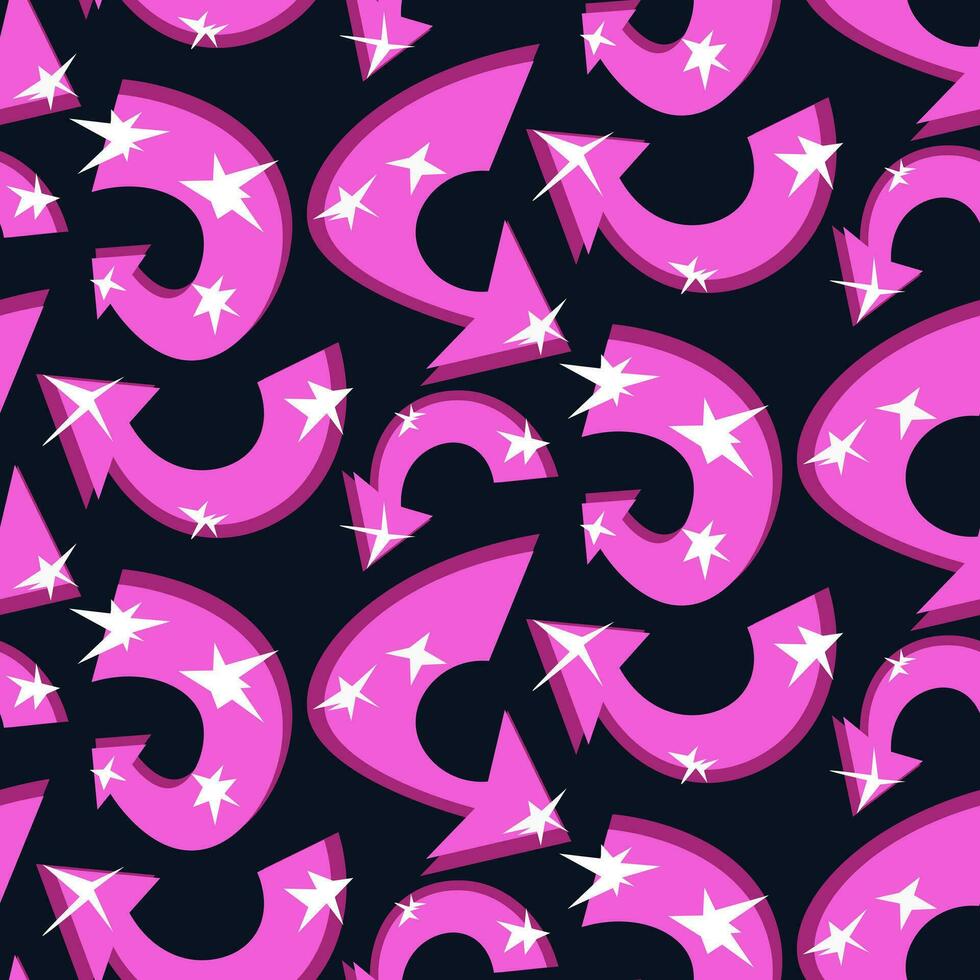 Pattern is drawn with curved arrows of a seamless pattern. Hand-drawn vector thick multicolored transparent pink arrows. Curved rounded directions. Seamless banner with vector direction indicators