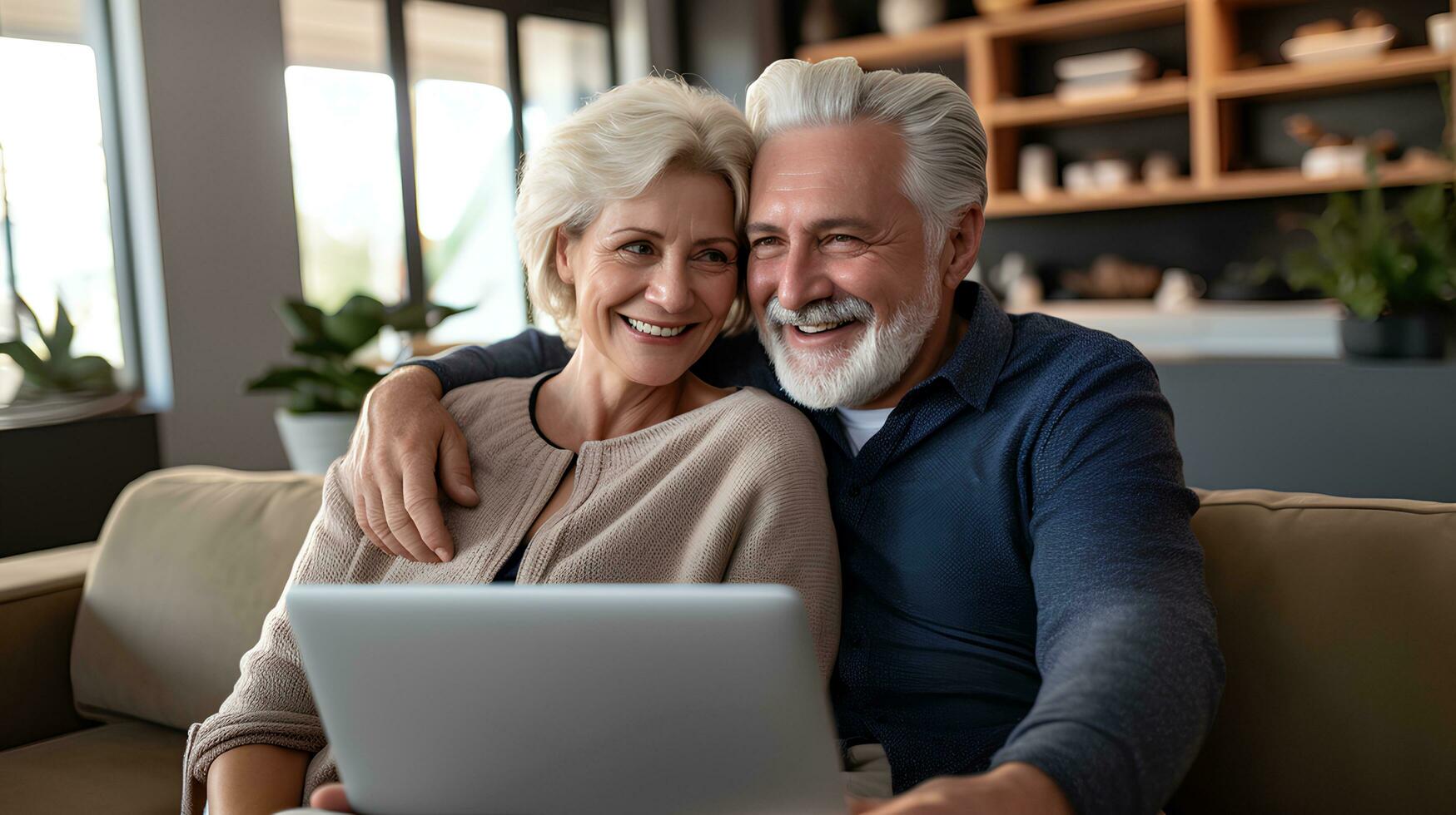 Jubilación Pareja disfrutando tecnología juntos en acogedor vivo habitación foto