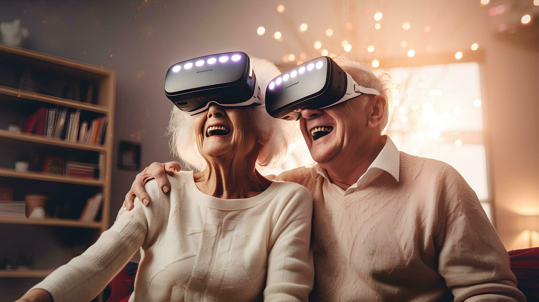 Cheerful Elderly Couple Relaxing wearing VR on Sofa with Friends in Living Room. photo