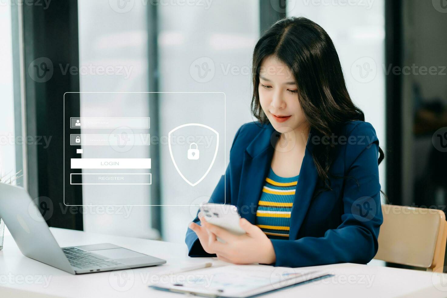 Cyber security concept, Login, User, identification information security and encryption, secure access to user's personal information woman using smart phone and tablet photo