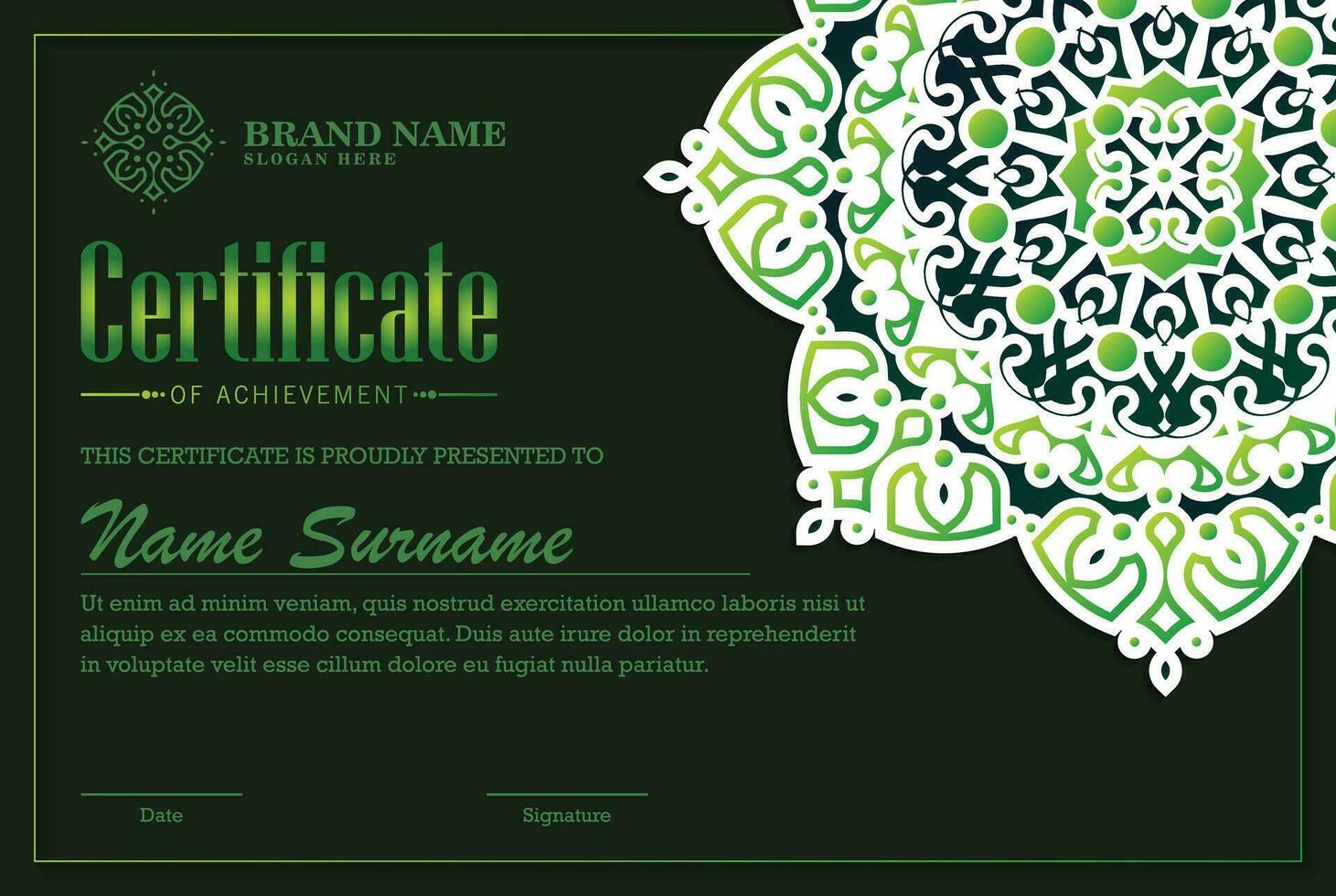 plantilla de certificado de premio de mandala elegante vector