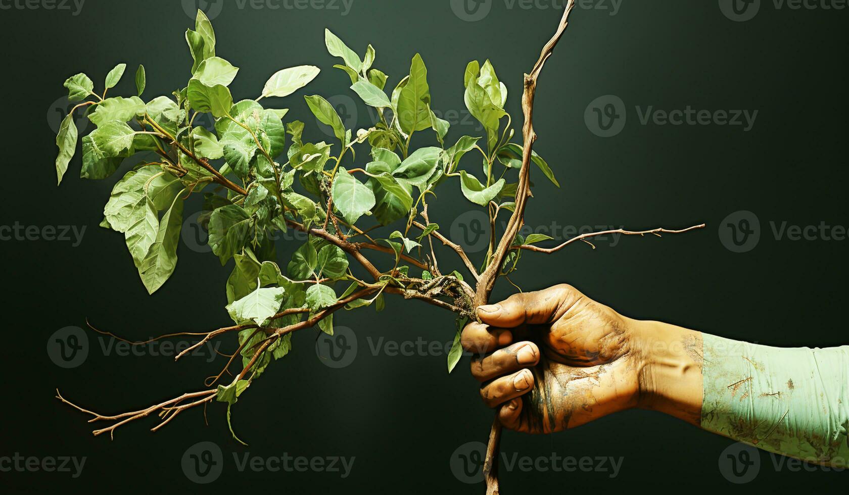 A tree branch in human hand, ecology concept. AI generated photo