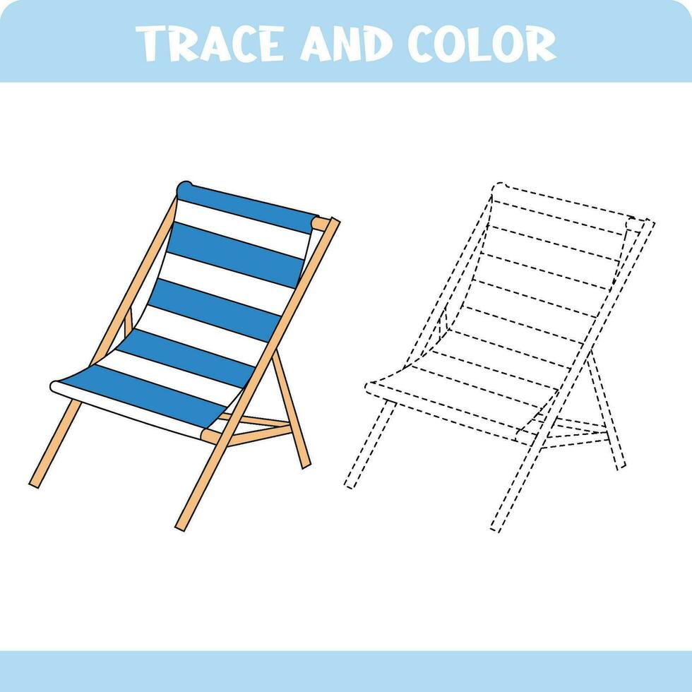 Trace and color educational worksheet for kids. Tracing lounge, deck chair. Activity color pages vector