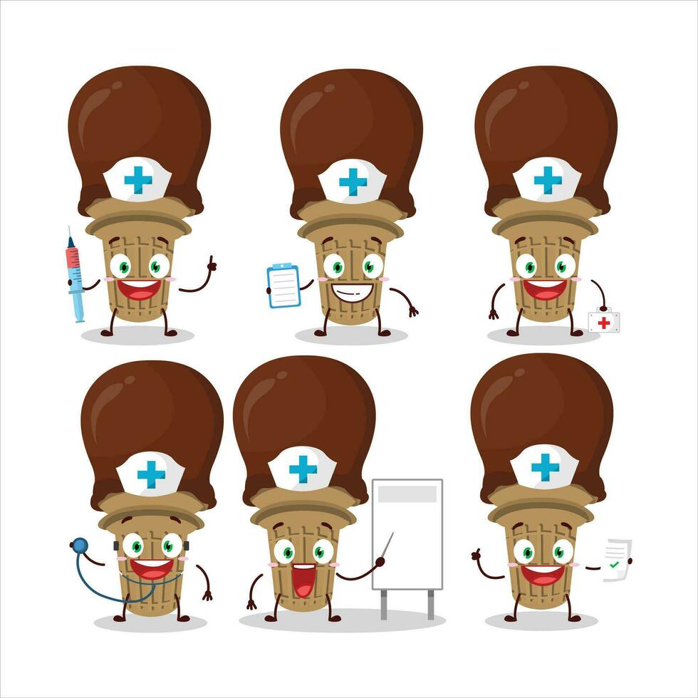 médico profesión emoticon con hielo crema chocolate dibujos animados personaje vector