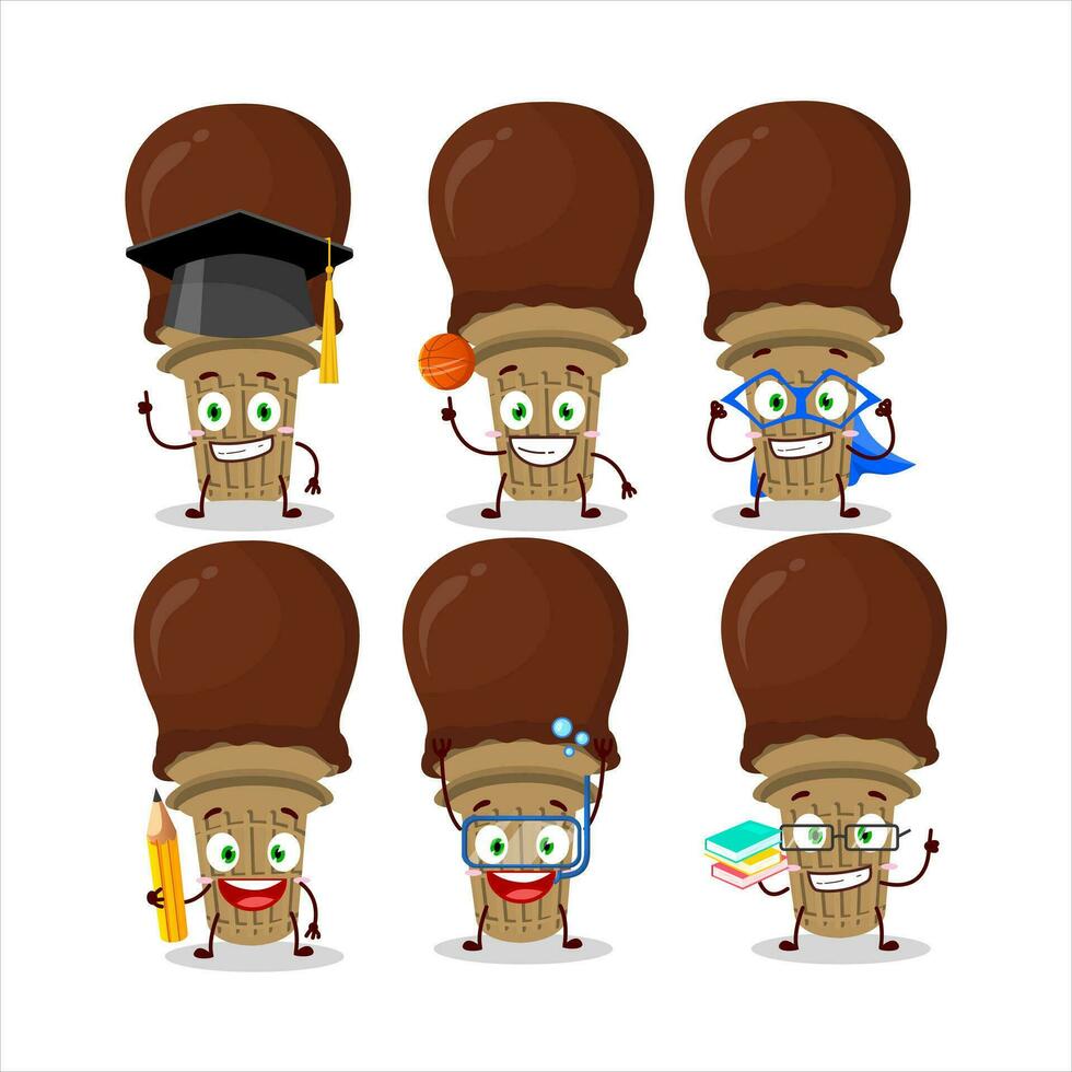 School student of ice cream chocolate cartoon character with various expressions vector