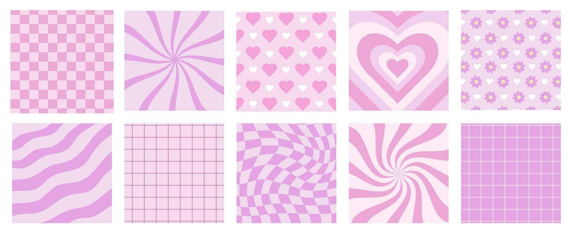 Set of Valentine's Day square backgrounds in y2k style, group of pink romantic cards, backdrops, covers, vector illustrations.