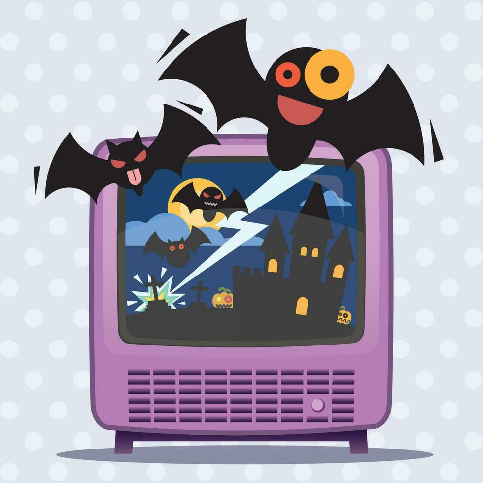 Crazy bats flying out from TV broadcasting flat design vector illustration. Happy Halloween greeting card template.