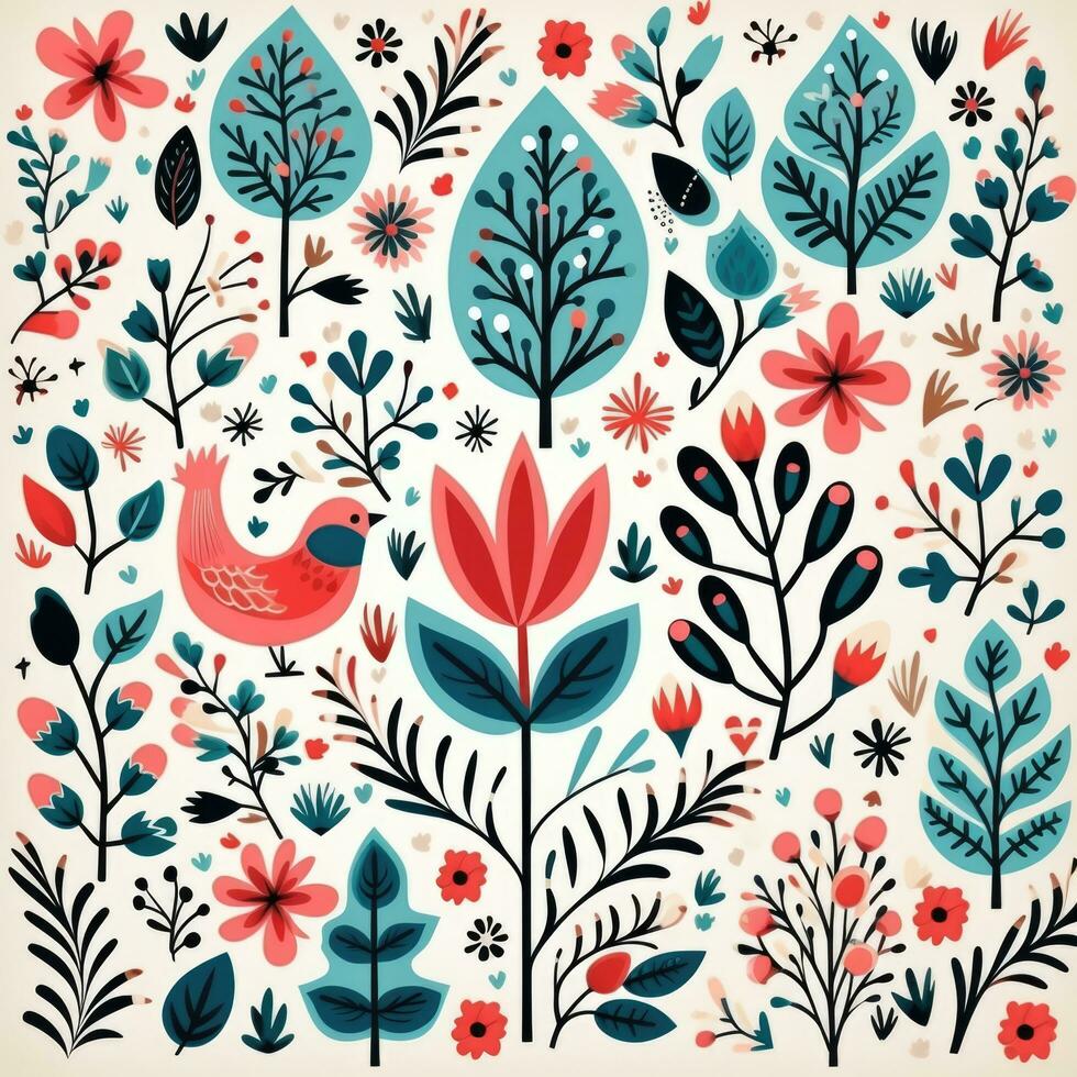 Beautiful pattern with flowers, branches, berries and birds on a light background. photo
