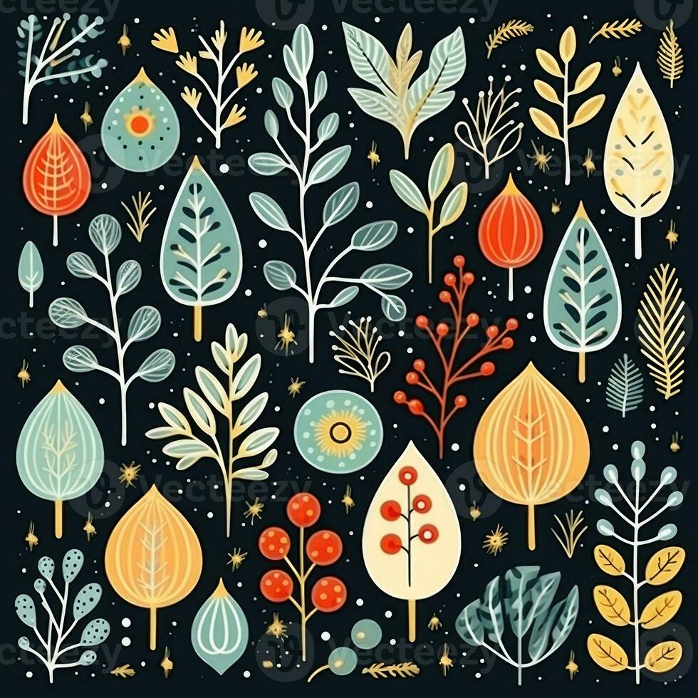 Beautiful pattern with flowers, branches, berries on a dark background. photo