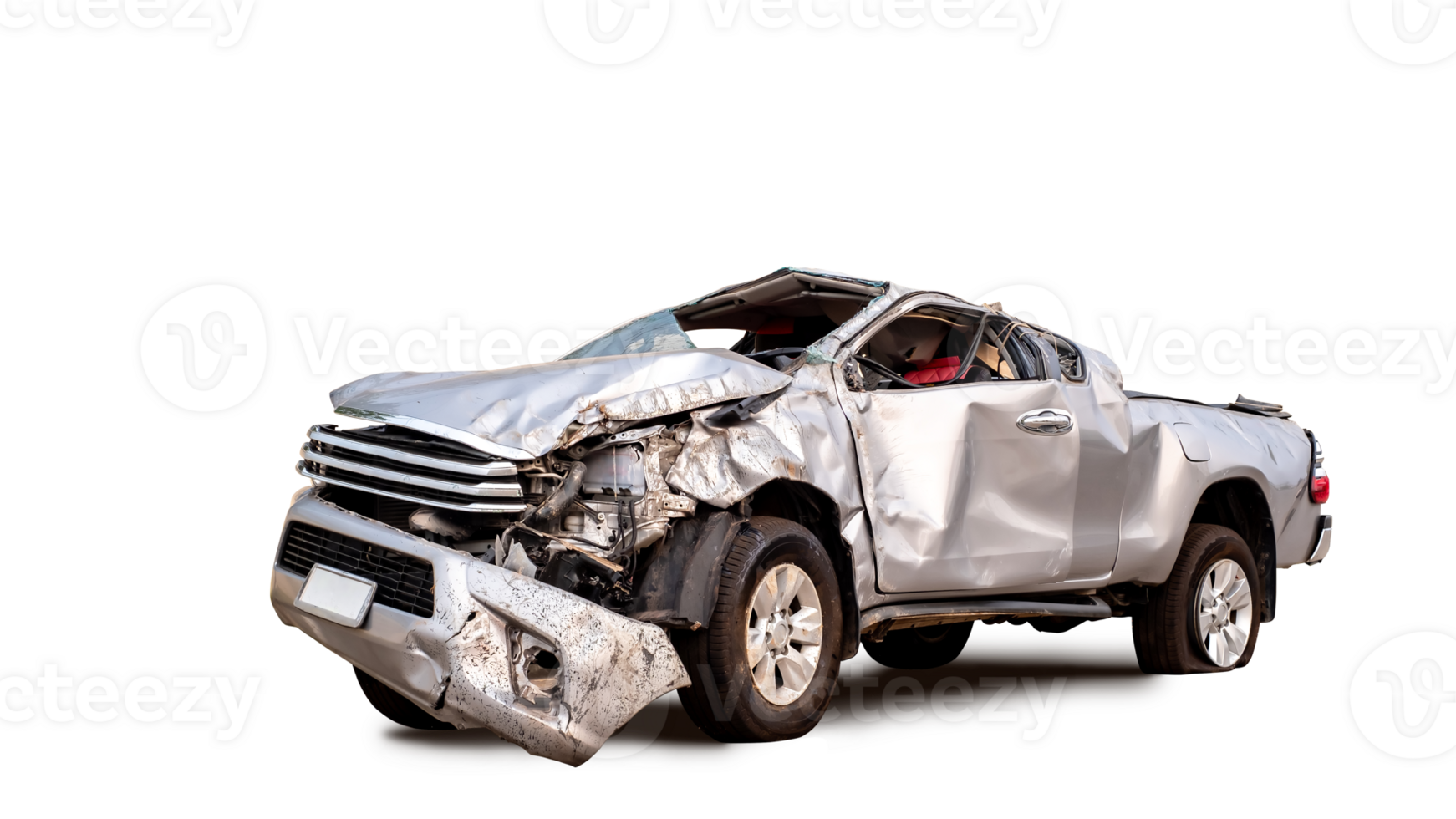 PNG format. Back and side view of gray or bronze pickup car get damaged by accident on the road. damaged cars after collision. isolated on transparent background