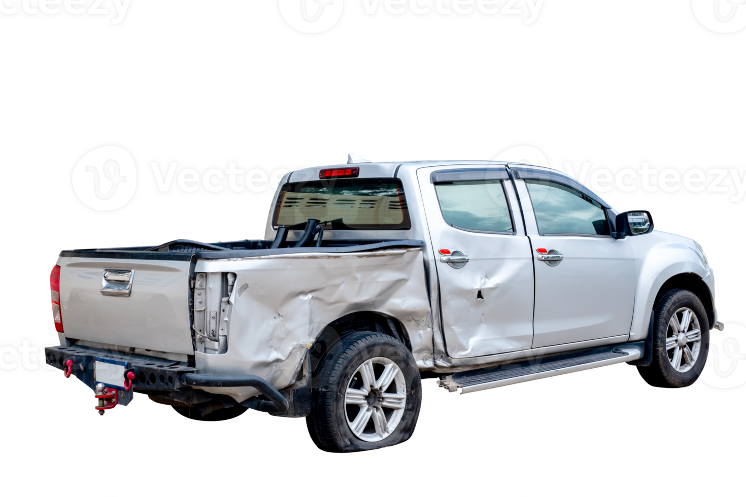 PNG format. Back and side view of gray or bronze pickup car get damaged by accident on the road. damaged cars after collision. isolated on transparent background