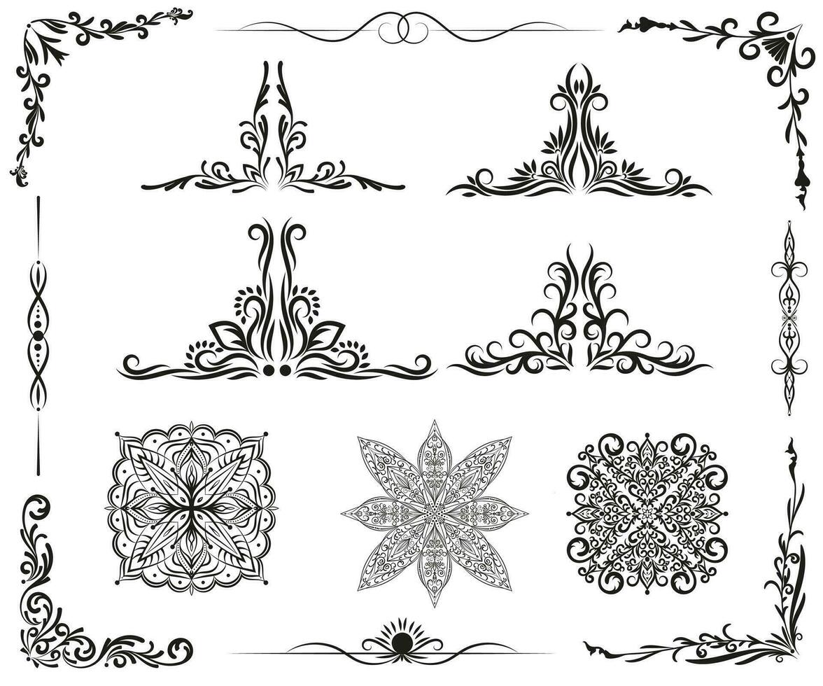 Ornate black frame elements. Vintage and filigree decoration. Ornament frames and scroll swirls element for wedding Invitation, cards, menus, catalogues, books. vector