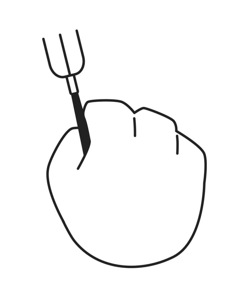 Fork holding cartoon hand outline illustration. Eating with cutlery 2D isolated black and white vector image. Using dinnerware. Ready to eat. Silverware tool flat monochromatic drawing clip art