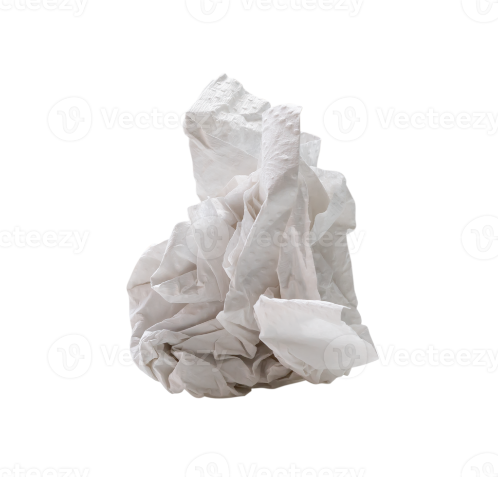 Single screwed or crumpled tissue paper or napkin in strange shape after use in toilet or restroom isolated with clipping path in png file format