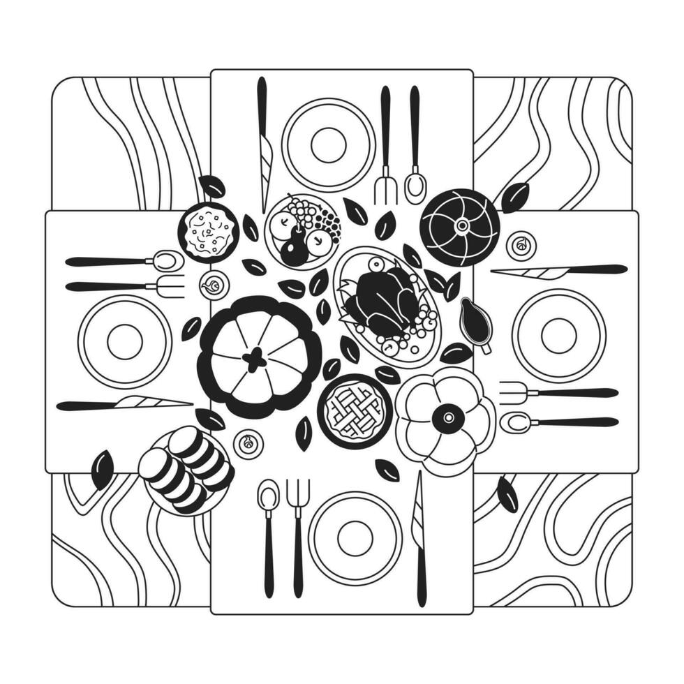 Thanksgiving dinner table overhead black and white 2D cartoon object. Autumn harvest feast dining plates isolated vector outline item. Turkey, pumpkin pie meal monochromatic flat spot illustration