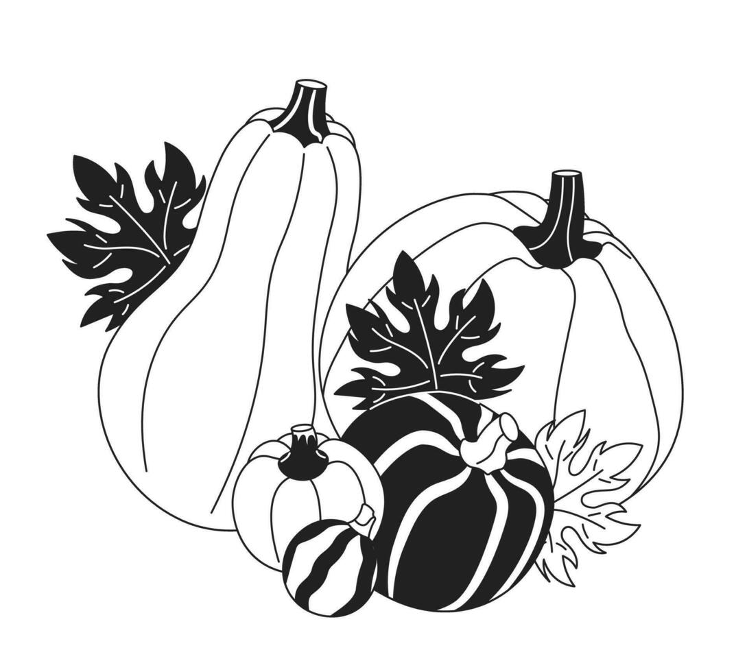 Maple leaves pumpkins black and white 2D cartoon object. Thanksgiving. Autumn gourds isolated vector outline item. November foliage vegetables. Harvest fall season monochromatic flat spot illustration