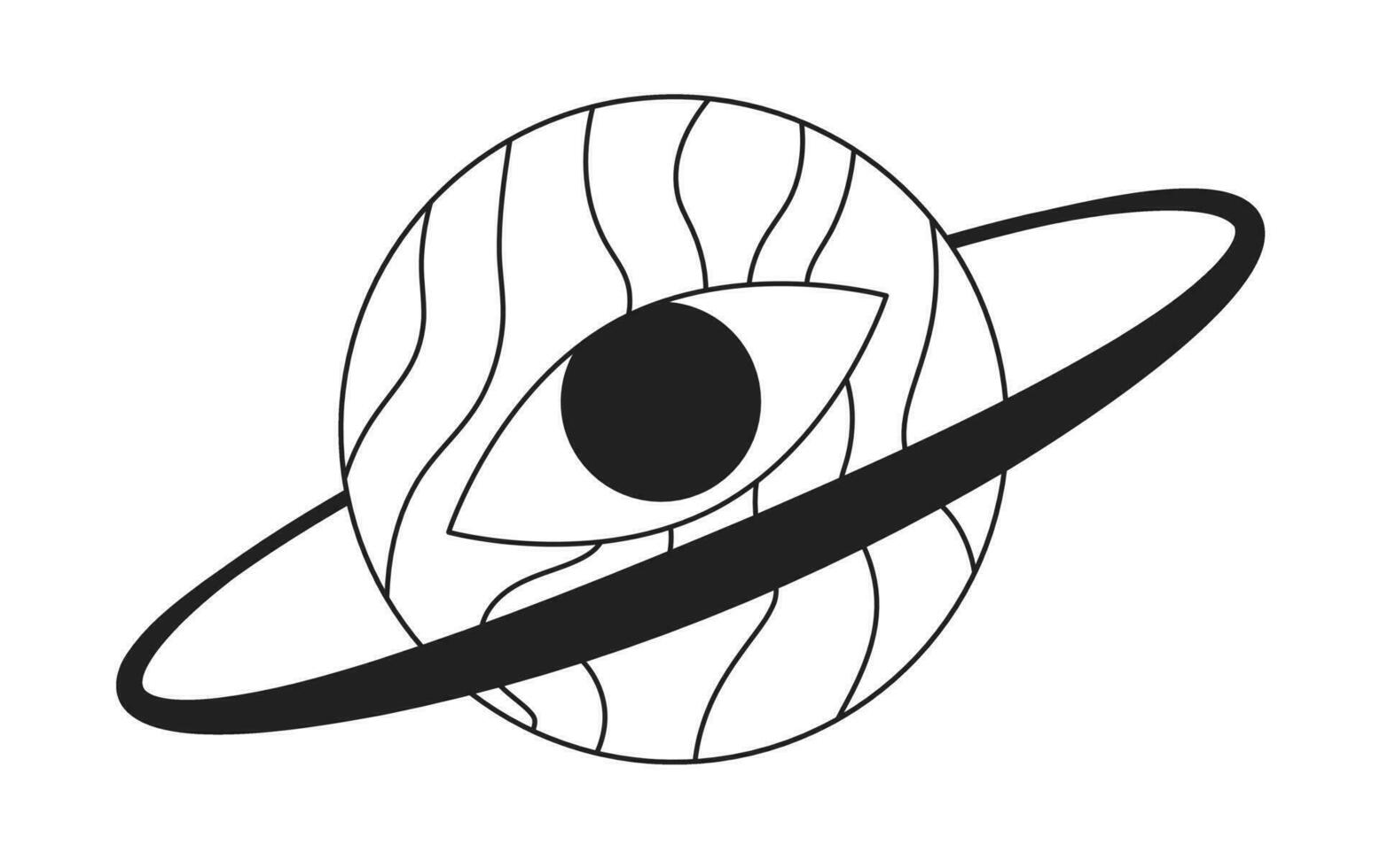 Psychedelic eyeball planet with ring black and white 2D cartoon conceptual object. Mystery orb with eye isolated vector outline item. Alien creature ringed monochromatic flat spot illustration concept