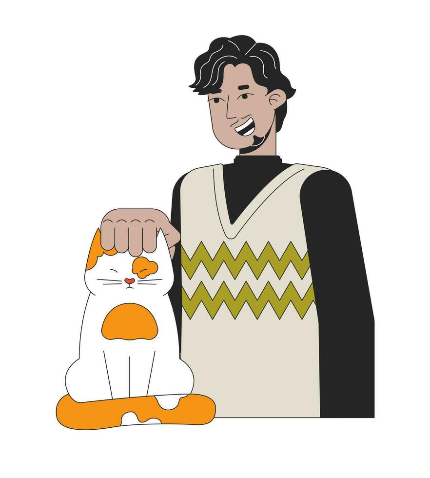 Bearded indian man petting cat 2D linear cartoon character. South asian guy smiling isolated line vector person white background. Kitten being petted. Sweater weather color flat spot illustration