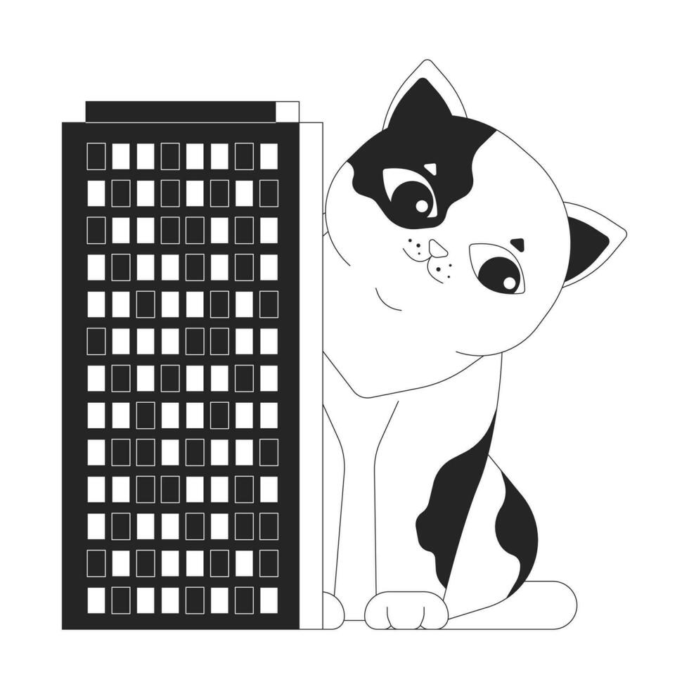 Cute gigantic cat peeking out from behind building black and white 2D line cartoon character. Giant kitten isolated vector outline animal. Curious pet skyscraper monochromatic flat spot illustration