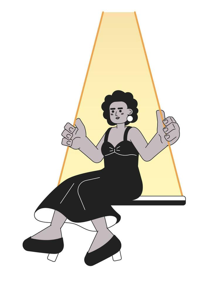 Beautiful african american woman swinging black and white 2D cartoon character. Black lady sitting on swing isolated vector outline person. Leisure activity monochromatic flat spot illustration