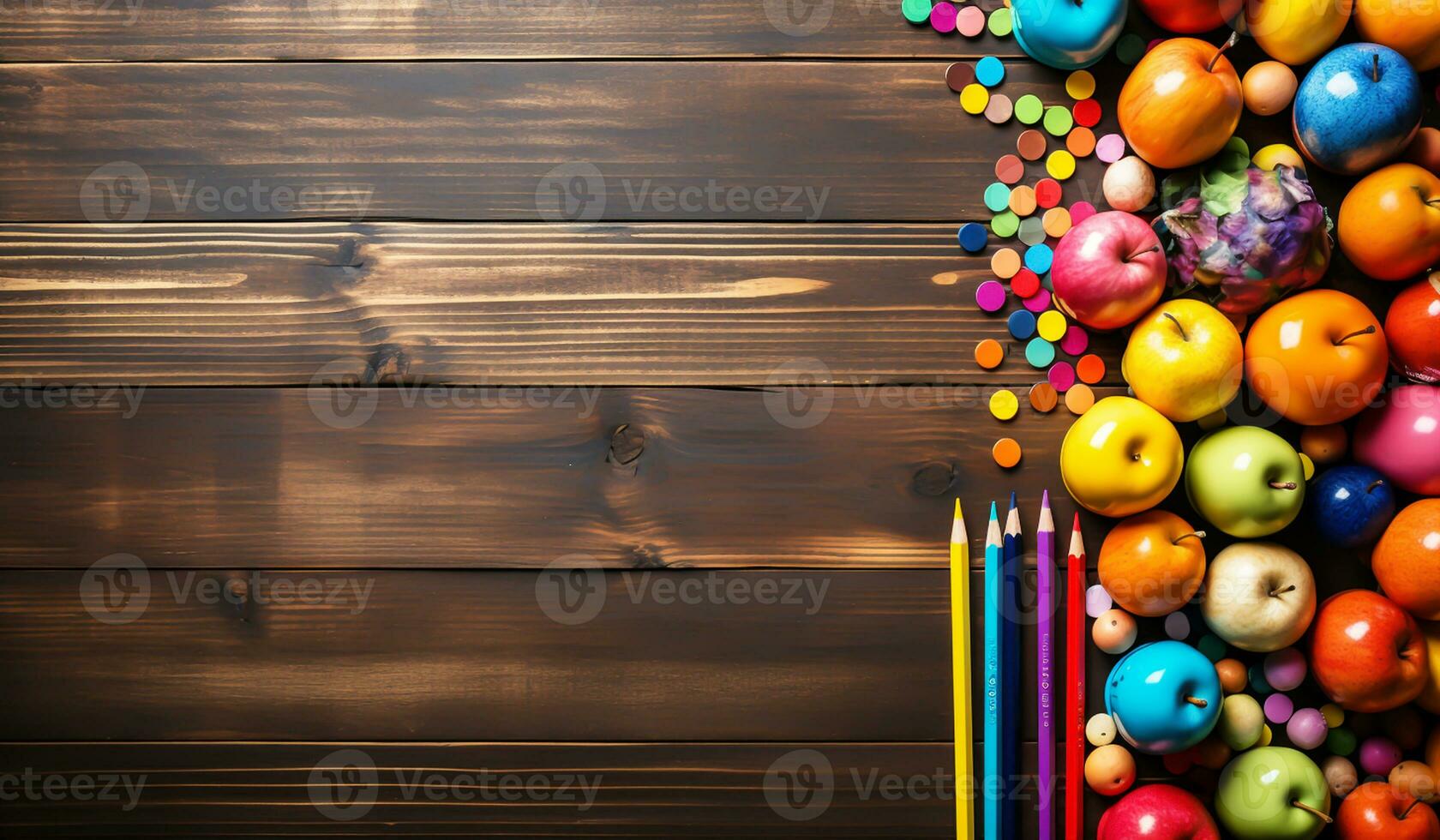 Colorful apples and items for school, with free space for text. AI generated photo