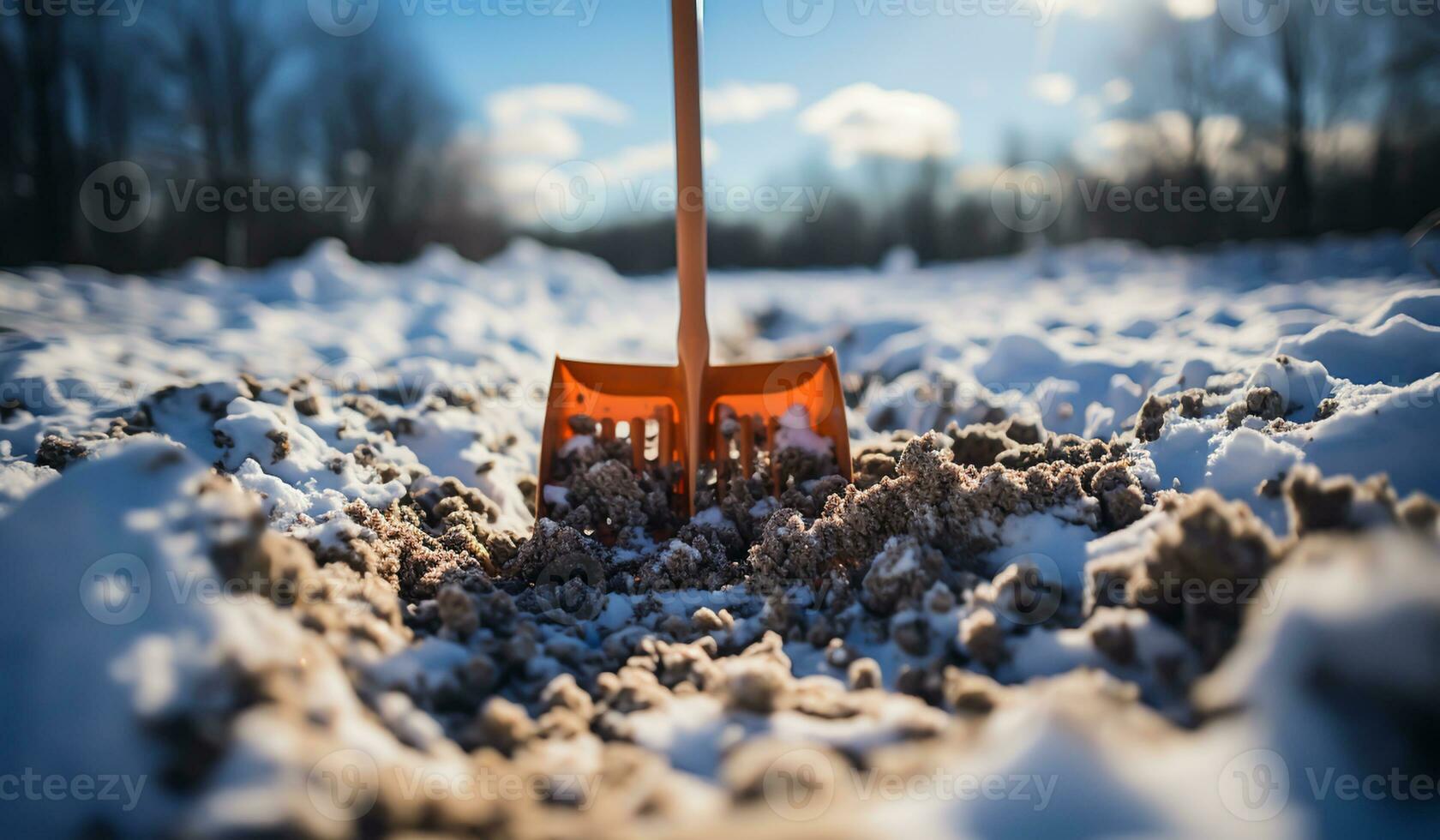 Detail of shovel to clear snow. AI generated photo