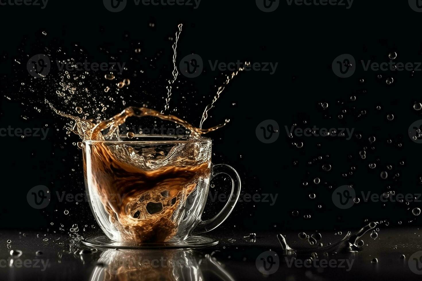 Coffee splash in glass cup on black blackground. ai generated photo