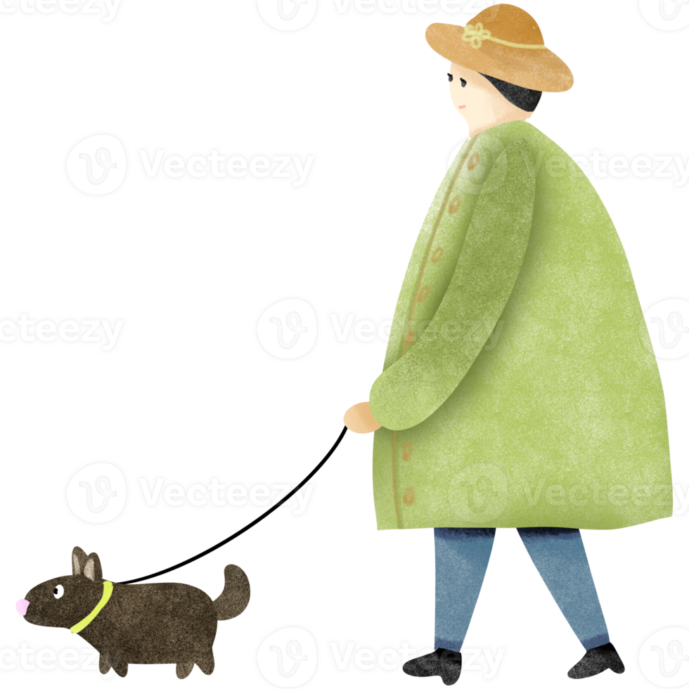 A woman leads a dog png