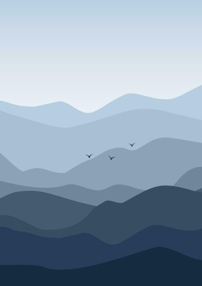 Aesthetic minimalist blue mountains with flock landscape illustration vector