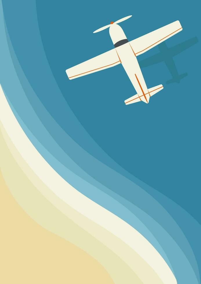 avión moscas terminado agua cerca costa verano vector ilustración.