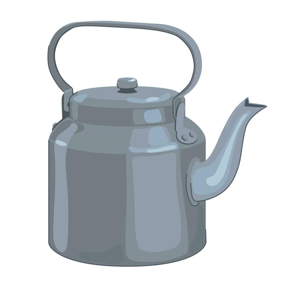 Aluminum kettle for boiling water on the stove. Vector, flat style. Stainless steel teapot on a white background. Cartoon style. Kitchen utensils, travel utensils. vector