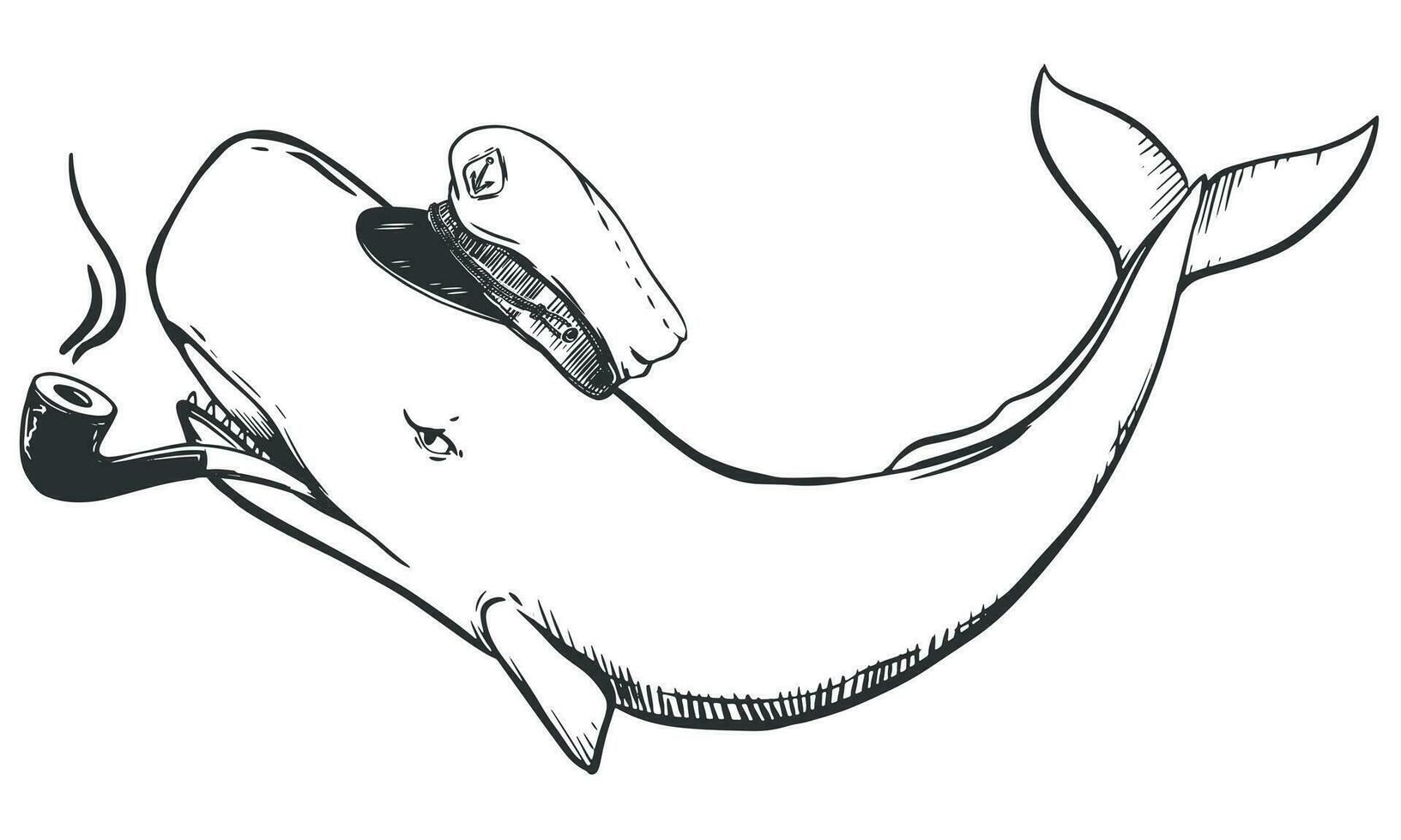 A white sperm whale in a captain's cap and with a smoking pipe in his mouth. Creative illustration of a cachalot as a captain. Caricature of the officer corps. Old school tattoo sketch, t-shirt prints vector