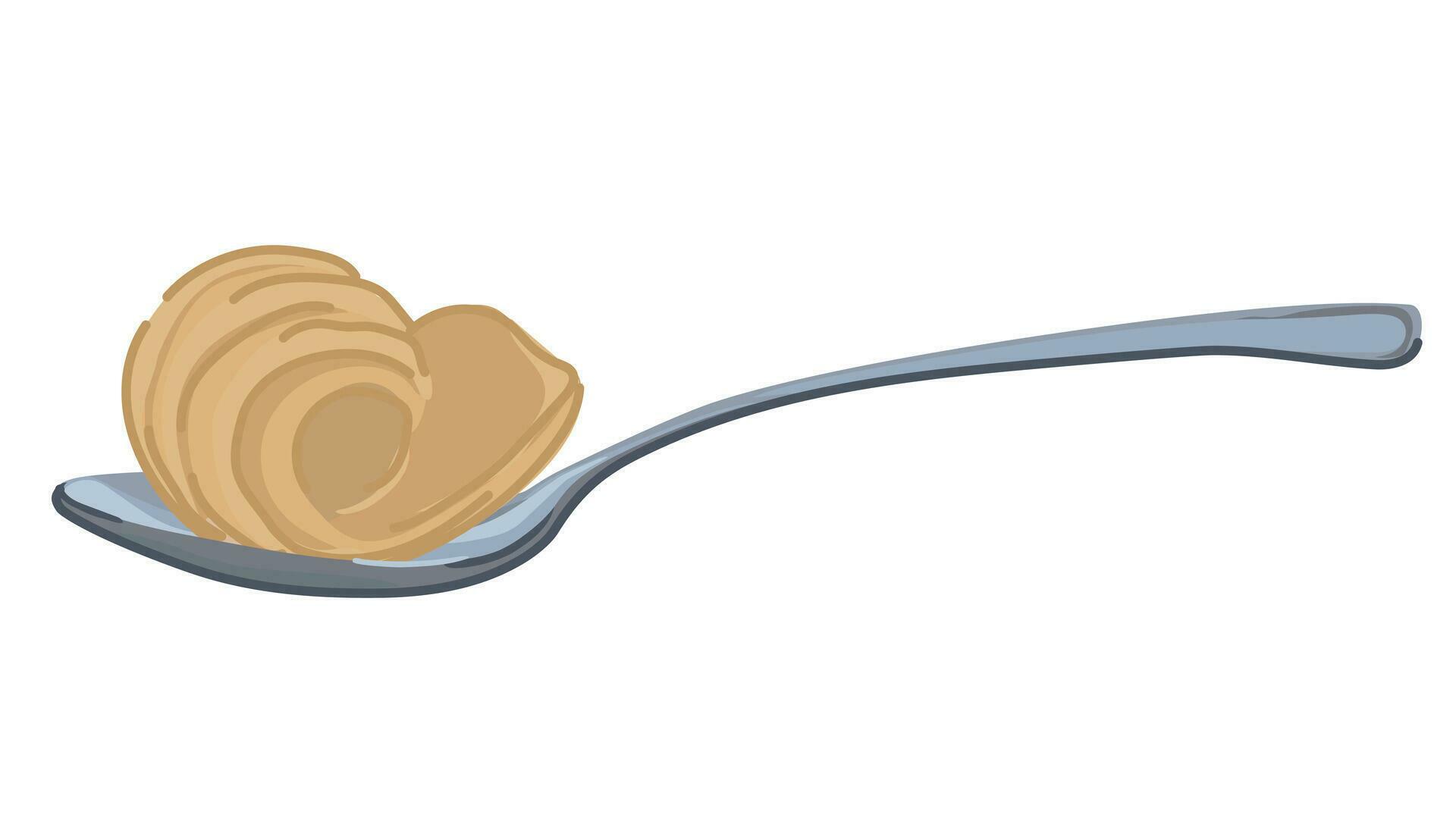 Steel spoon with butter curl on white background. Vector flat style