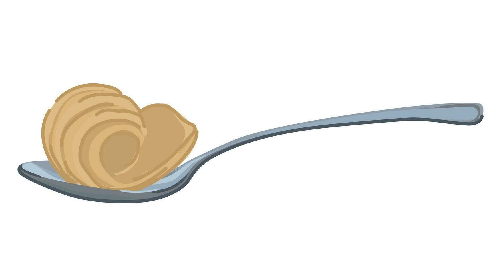 Steel spoon with butter curl on white background. Vector flat style. Dairy healthy fat, margarine, ghee per tablespoon for keto diet. Cartoon style.