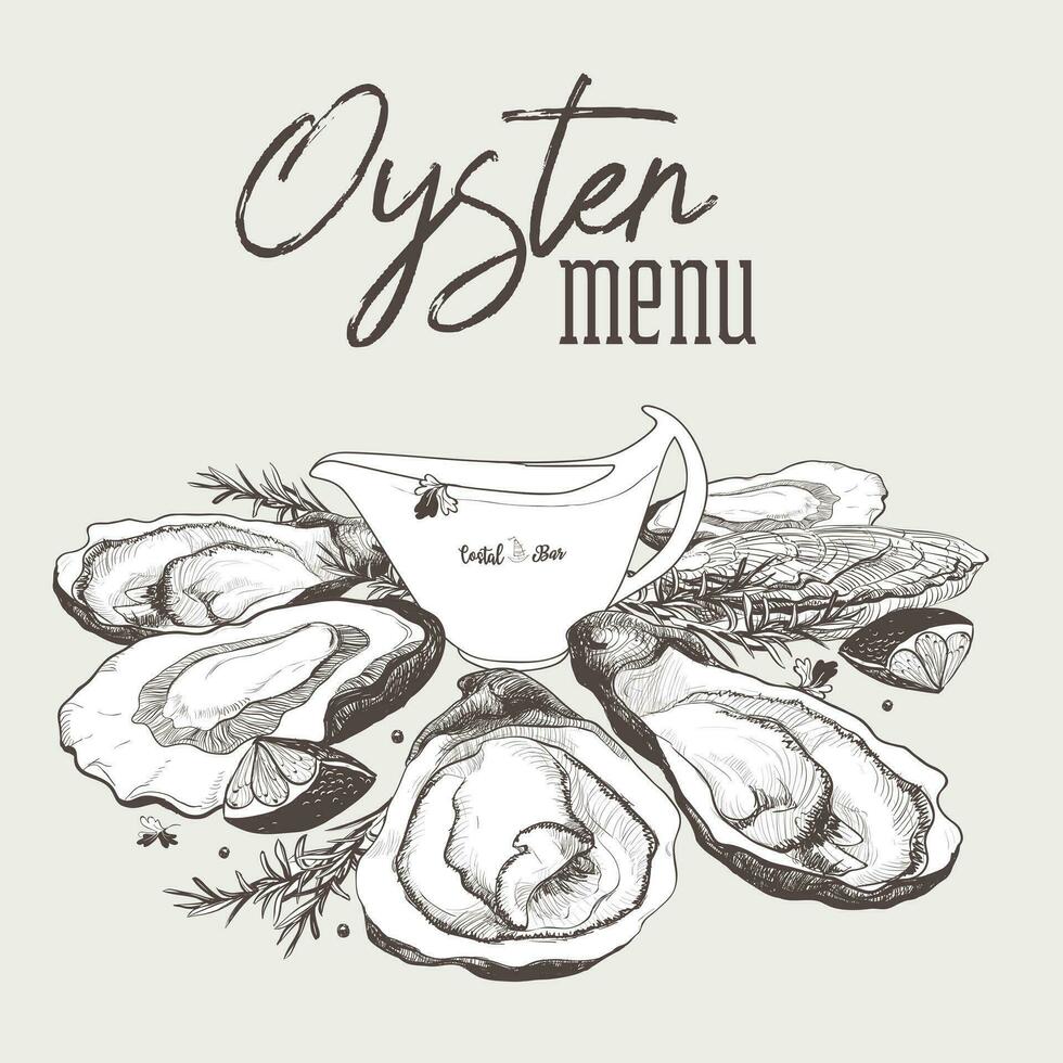 Vintage realistic oyster sketch. Bar menu design. Food menu design template. Vector outline illustration. Restaurant cafe menu. Healthy food poster. Shellrish mollusk, lomon, rosemary, sause.