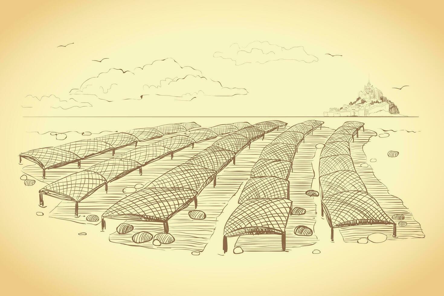 Shellfish farming. Illustration of the Norman method of growing oysters. Vector graphics of an oyster farm in San Miguel Bay. Vintage drawing in the style of engraving