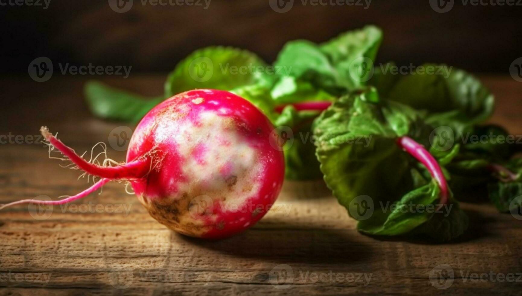 Realistic illustration of radishes on wooden table for healthy salad. ai generated photo
